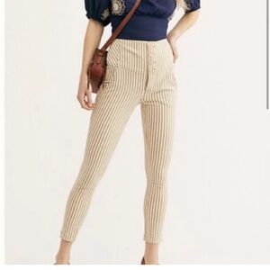 Free People Beige and White Striped High-Waist Skinny Pants